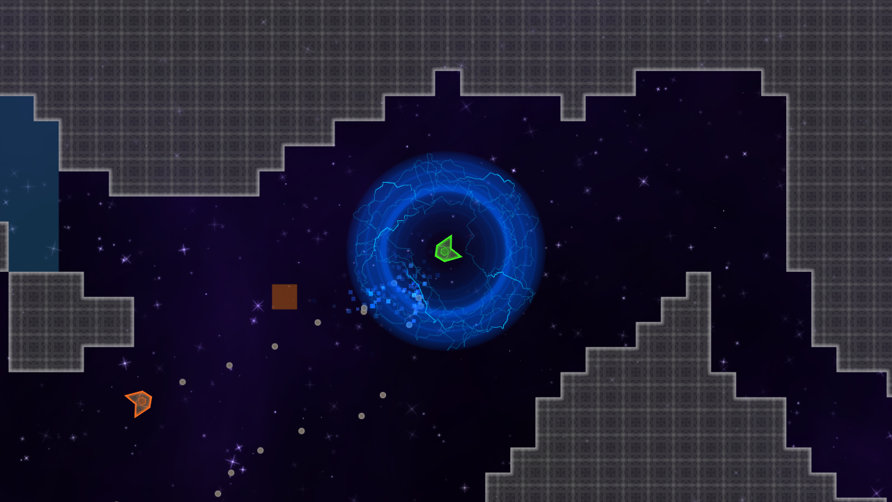 Orange player shooting at green player that has forcefield, with the bullets being deflected.